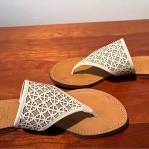 Tory Burch ivory leather and patent flat sandals